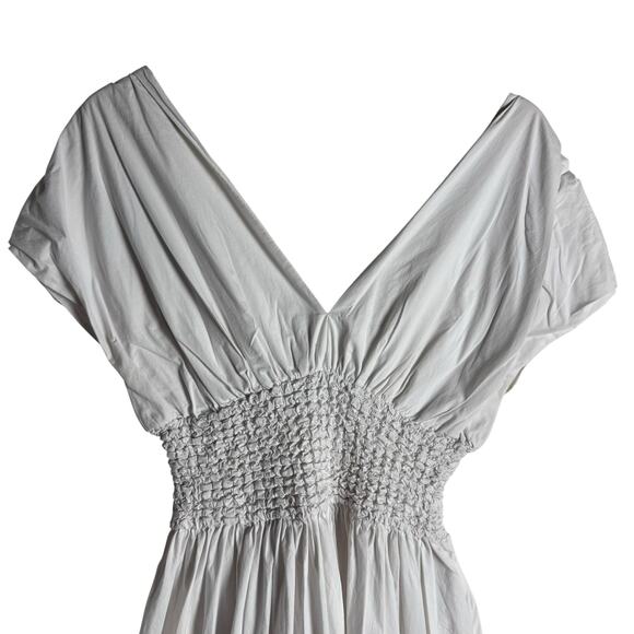 Staud Jackson White Smocked V-Neck Short Sleeve A-Line Midi Dress Size Large - Picture 7 of 16